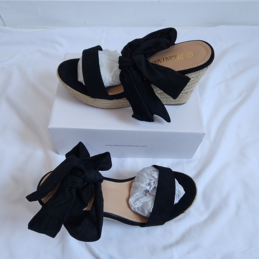 Dreampairs Black Bow Wedge Sandals - Size 7.5